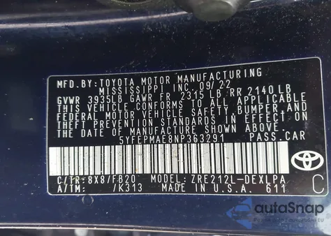 2022 Toyota Corolla Le from USA, damaged, VIN 5YFEPMAE8NP363291